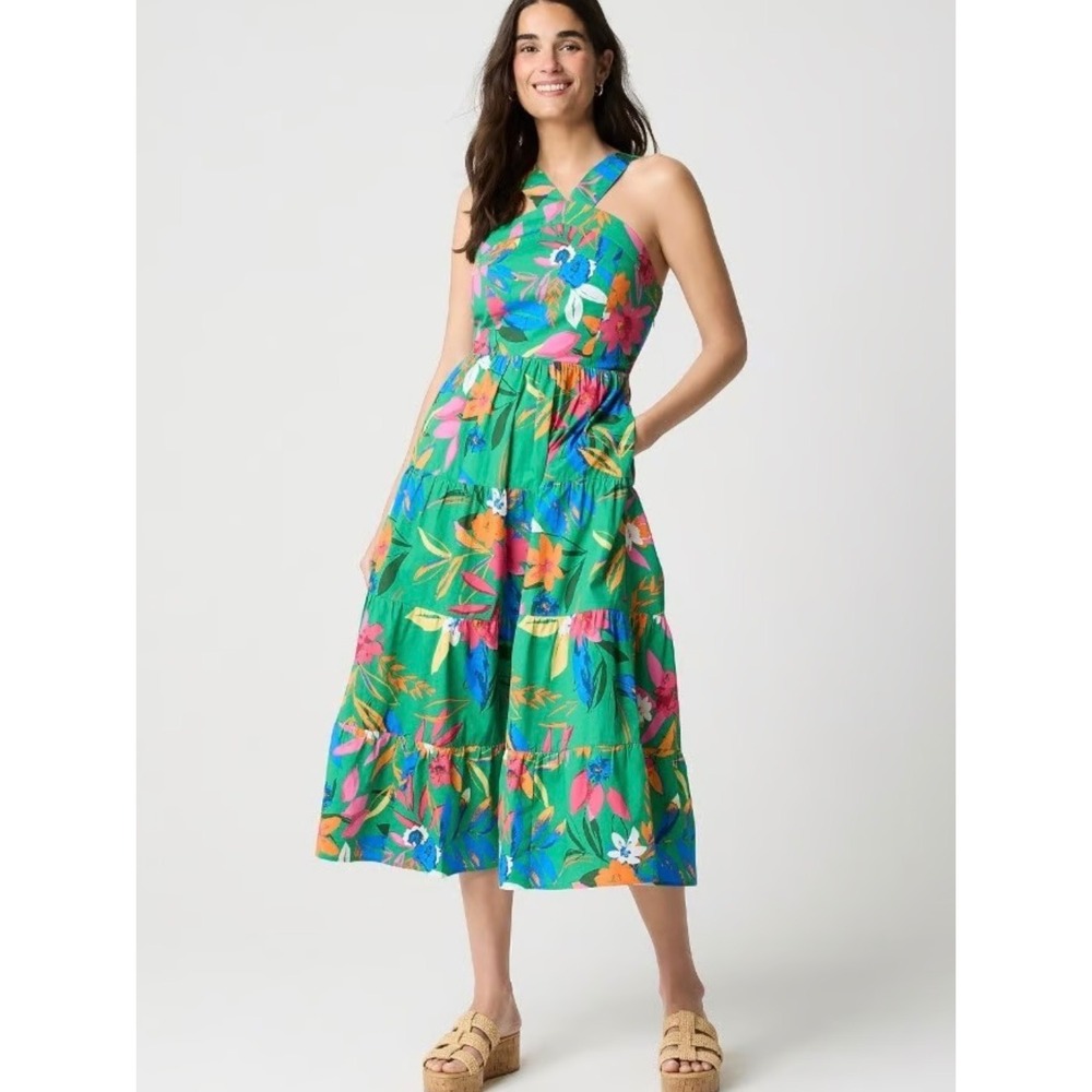 J. Crew Tiered Halter Midi Dress Size 00 Green Floral‎ Pockets Cottagecore Smock